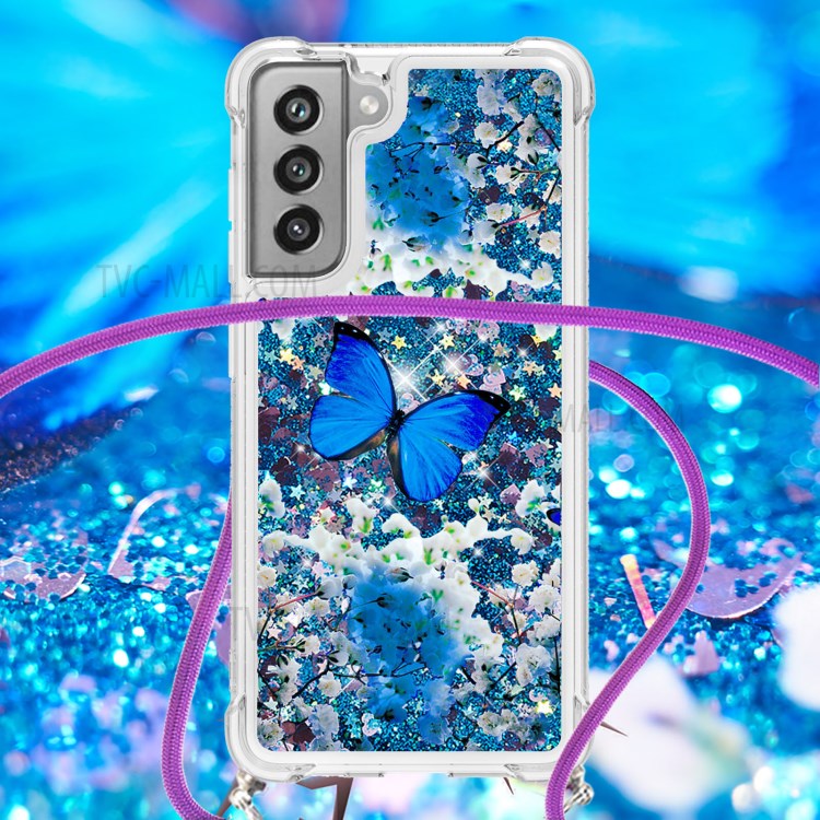 Quicksand Shiny Glitter Pattern Printing TPU Phone Case Cover with Strap for Samsung Galaxy S21 FE - Blue Butterfly-2