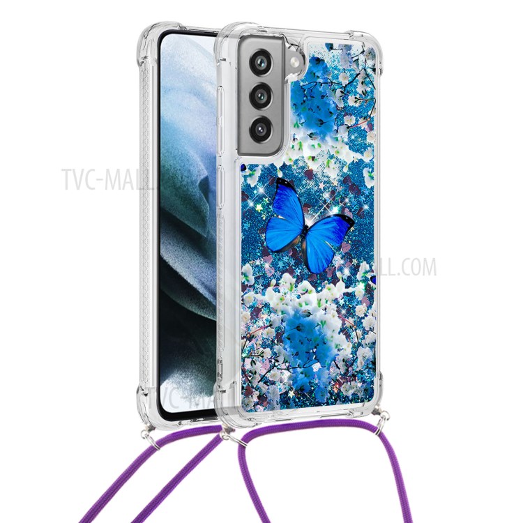 Quicksand Shiny Glitter Pattern Printing TPU Phone Case Cover with Strap for Samsung Galaxy S21 FE - Blue Butterfly-5
