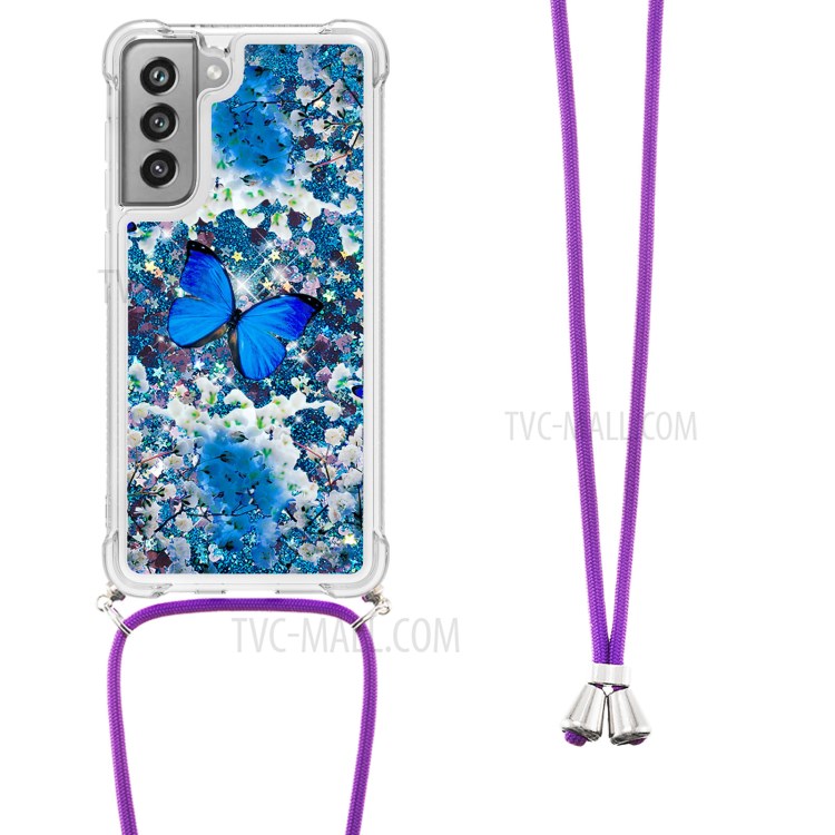 Quicksand Shiny Glitter Pattern Printing TPU Phone Case Cover with Strap for Samsung Galaxy S21 FE - Blue Butterfly-6