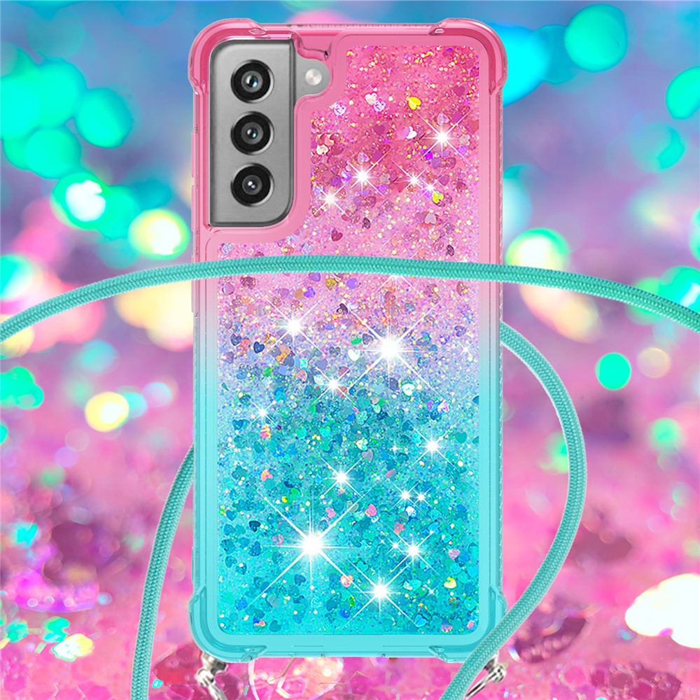 Gradient Glitter Squins Quicksand Shockproof Soft TPU Phone Case Cover with Lanyard for Samsung Galaxy S21 FE - Pink / Sky Blue-2