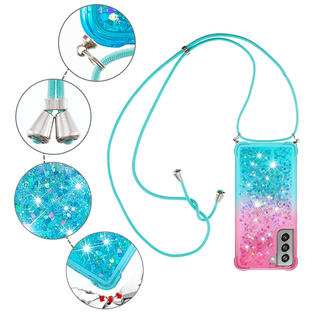 Gradient Glitter Squins Quicksand Shockproof Soft TPU Phone Case Cover with Lanyard for Samsung Galaxy S21 FE - Pink / Sky Blue-3