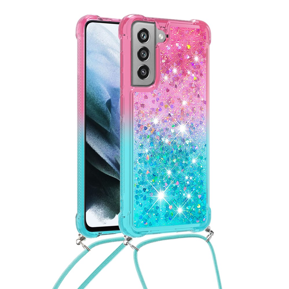 Gradient Glitter Squins Quicksand Shockproof Soft TPU Phone Case Cover with Lanyard for Samsung Galaxy S21 FE - Pink / Sky Blue-4