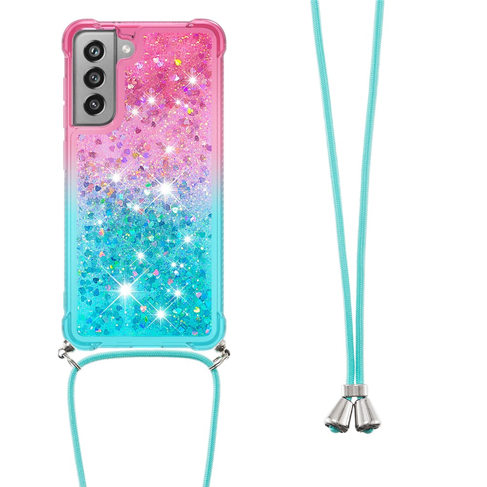 Gradient Glitter Squins Quicksand Shockproof Soft TPU Phone Case Cover with Lanyard for Samsung Galaxy S21 FE - Pink / Sky Blue-5