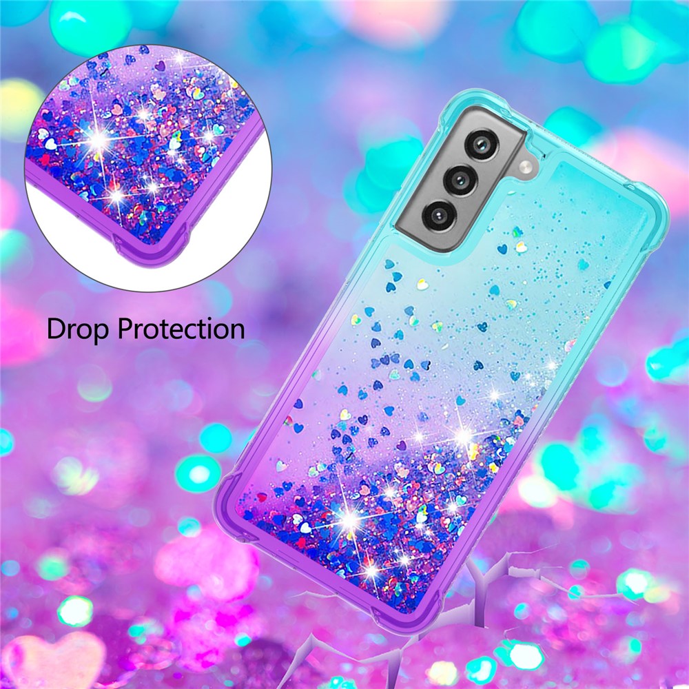 Gradient Glitter Powder Sequins Quicksand TPU Mobile Phone Protector Case Shell for Samsung Galaxy S21 FE - Sky Blue / Purple-4
