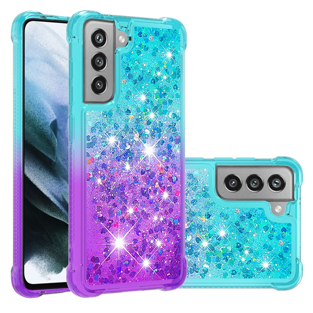 Gradient Glitter Powder Sequins Quicksand TPU Mobile Phone Protector Case Shell for Samsung Galaxy S21 FE - Sky Blue / Purple-7