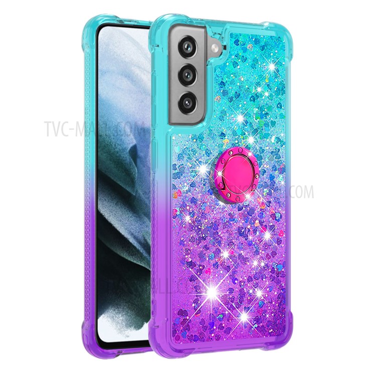 Anti-Fall Gradient Quicksand TPU Cell Phone Case Shell with Ring Kickstand for Samsung Galaxy S21 FE - Sky Blue / Purple-1