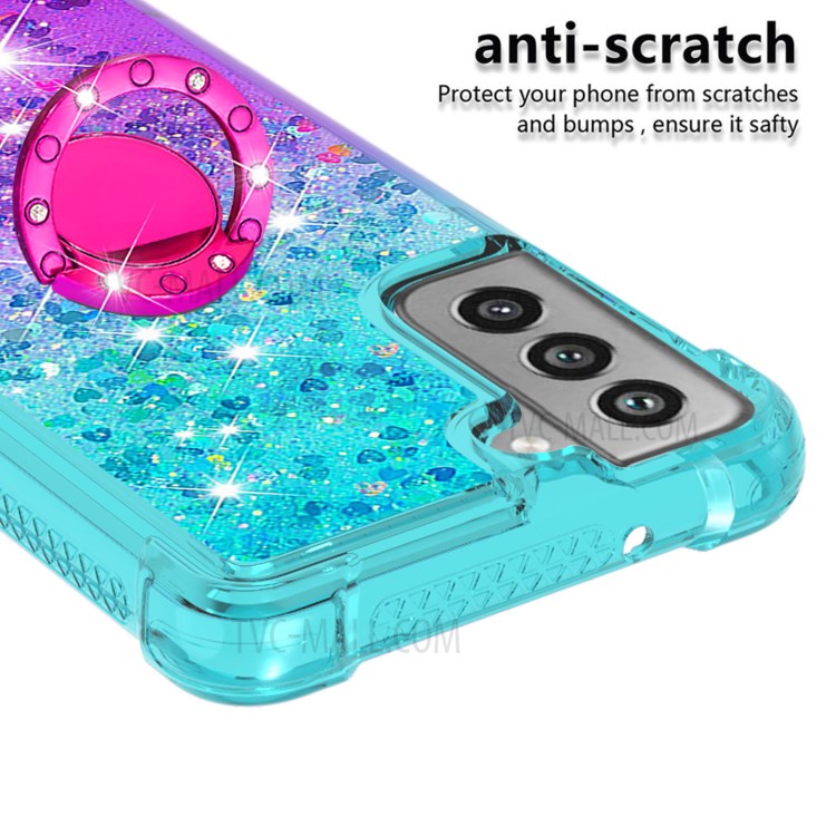 Anti-Fall Gradient Quicksand TPU Cell Phone Case Shell with Ring Kickstand for Samsung Galaxy S21 FE - Sky Blue / Purple-3