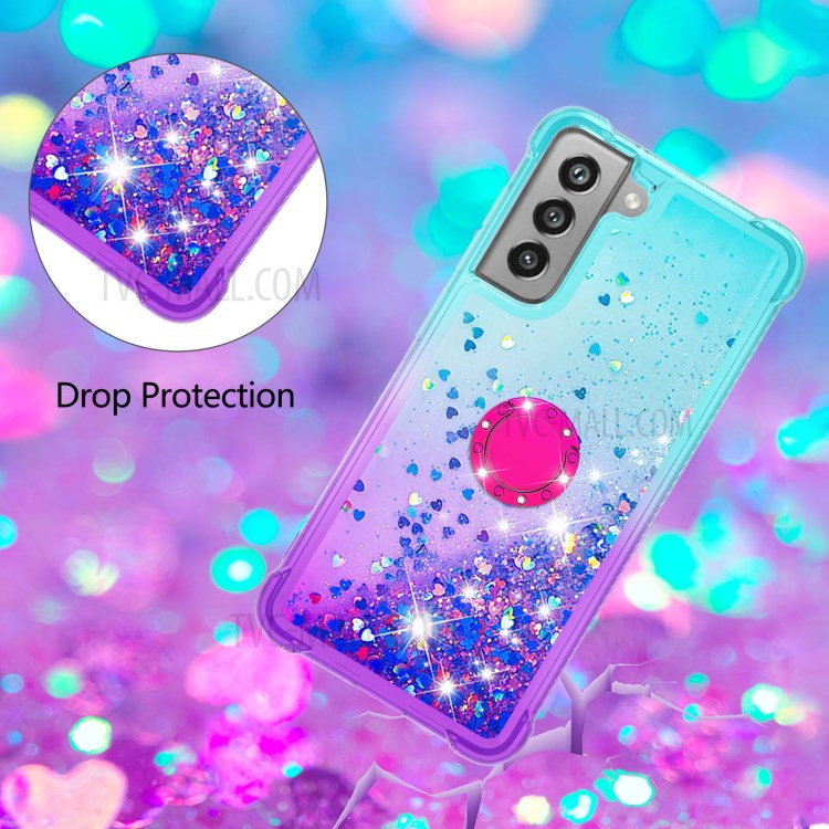 Anti-Fall Gradient Quicksand TPU Cell Phone Case Shell with Ring Kickstand for Samsung Galaxy S21 FE - Sky Blue / Purple-4