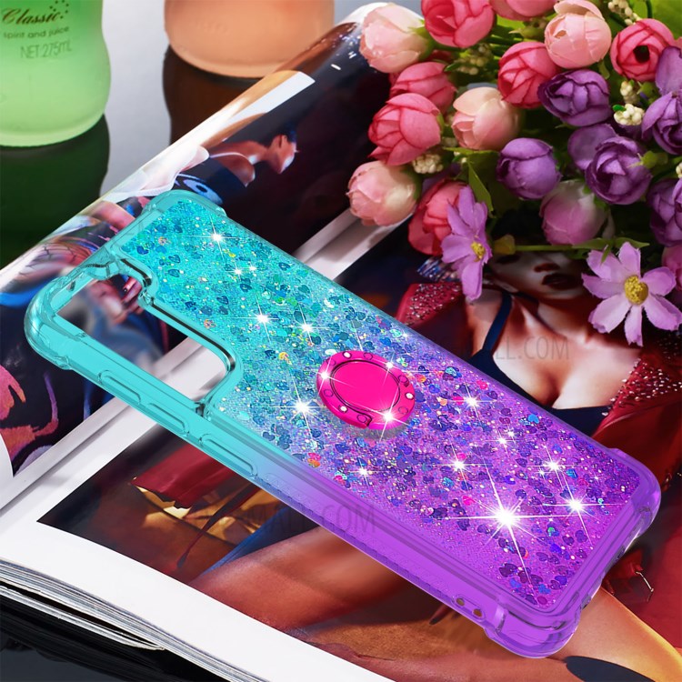 Anti-Fall Gradient Quicksand TPU Cell Phone Case Shell with Ring Kickstand for Samsung Galaxy S21 FE - Sky Blue / Purple-6