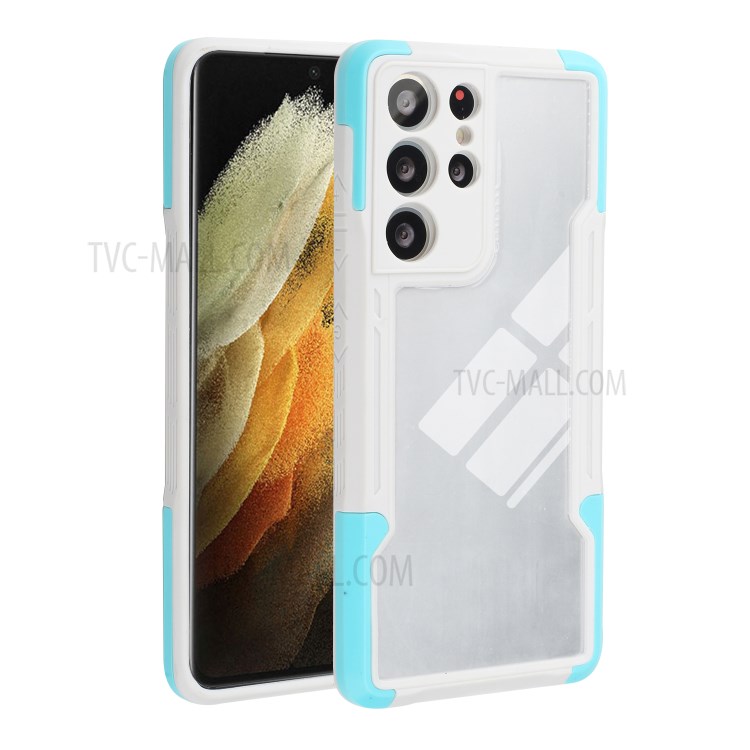 Shockproof 3-in-1 TPU+Acrylic Phone Protective Case Shell Cover for Samsung Galaxy S21 Ultra 5G - White / Blue-1