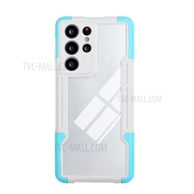 Shockproof 3-in-1 TPU+Acrylic Phone Protective Case Shell Cover for Samsung Galaxy S21 Ultra 5G - White / Blue-3