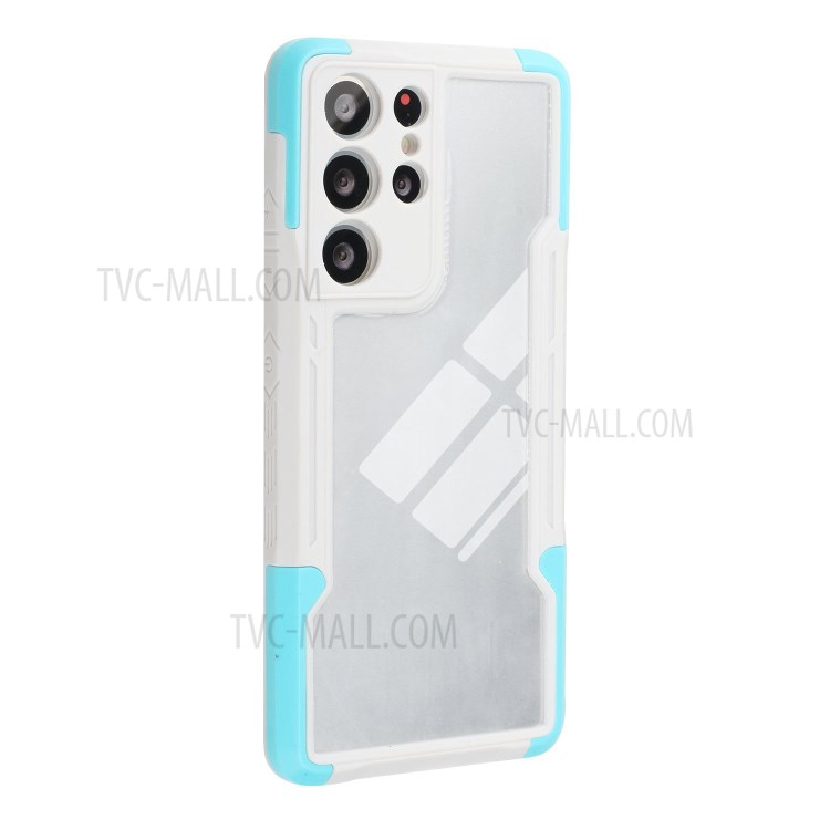 Shockproof 3-in-1 TPU+Acrylic Phone Protective Case Shell Cover for Samsung Galaxy S21 Ultra 5G - White / Blue-4