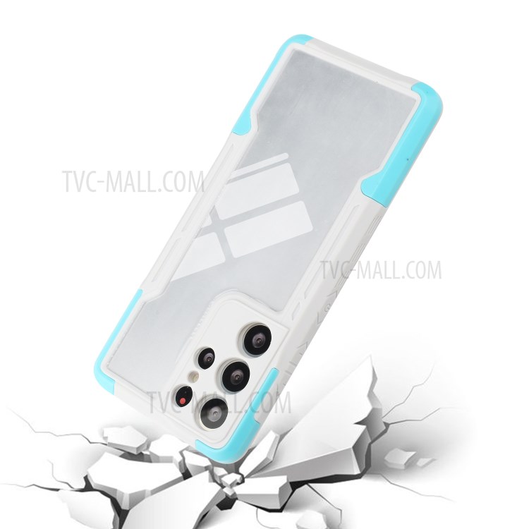 Shockproof 3-in-1 TPU+Acrylic Phone Protective Case Shell Cover for Samsung Galaxy S21 Ultra 5G - White / Blue-5