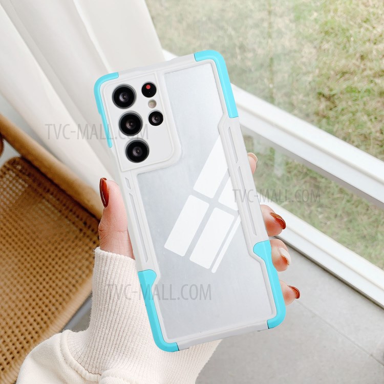 Shockproof 3-in-1 TPU+Acrylic Phone Protective Case Shell Cover for Samsung Galaxy S21 Ultra 5G - White / Blue-6