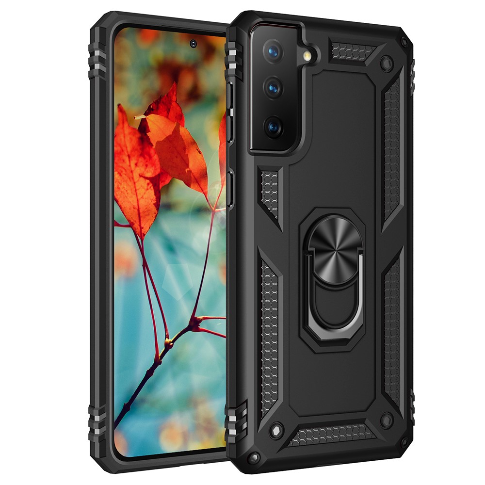Anti-Fall Phone Hybrid PC + TPU + Metal Case Cover with Finger Ring Kickstand for Samsung Galaxy S21 FE - Black-2