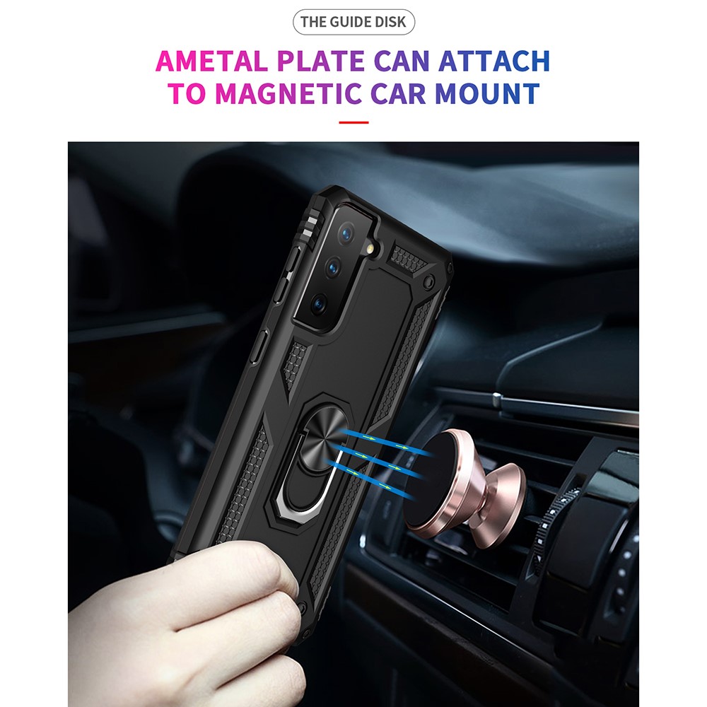 Anti-Fall Phone Hybrid PC + TPU + Metal Case Cover with Finger Ring Kickstand for Samsung Galaxy S21 FE - Black-5