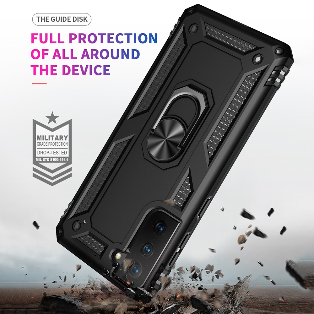 Anti-Fall Phone Hybrid PC + TPU + Metal Case Cover with Finger Ring Kickstand for Samsung Galaxy S21 FE - Black-6