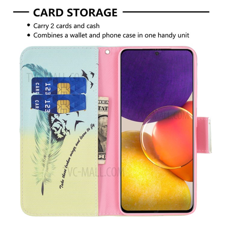 Pattern Printing Leather Wallet Shell Case for Samsung Galaxy A82 5G - Feather Pattern-5