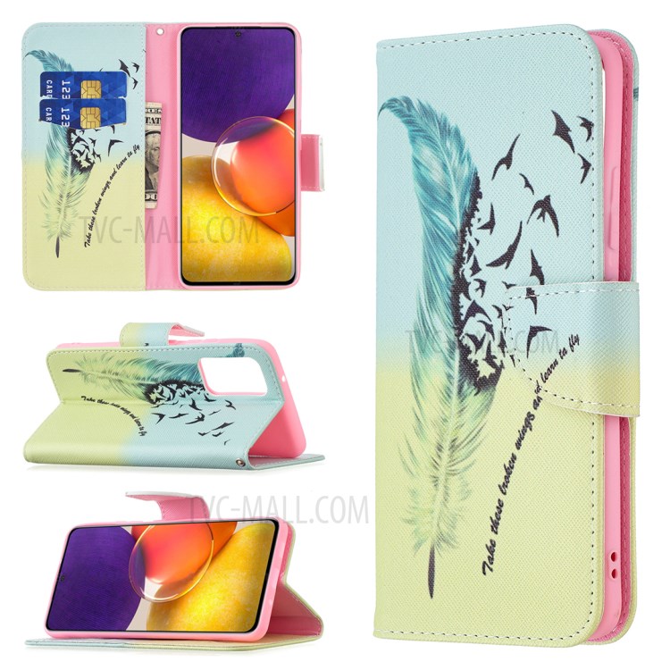 Pattern Printing Leather Wallet Shell Case for Samsung Galaxy A82 5G - Feather Pattern-8