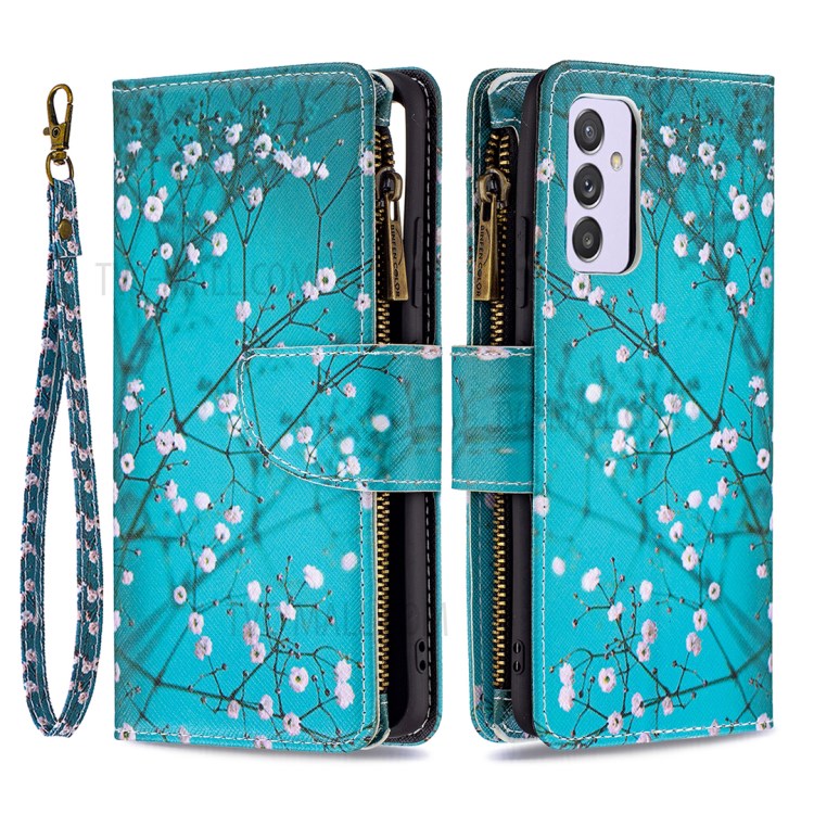 Pattern Printing Zipper Pocket Leather Wallet Stand Case for Samsung Galaxy A82 5G - Tree with Flowers-1