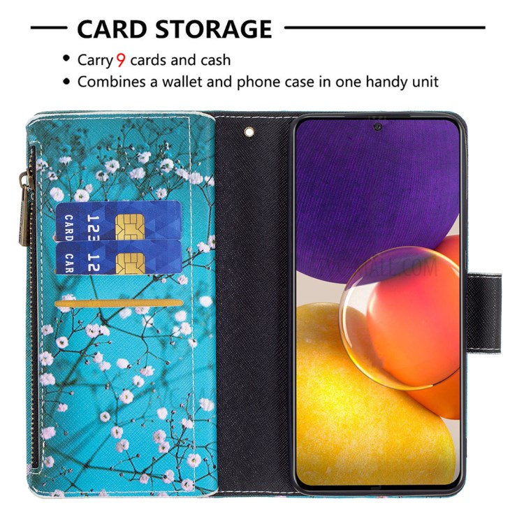 Pattern Printing Zipper Pocket Leather Wallet Stand Case for Samsung Galaxy A82 5G - Tree with Flowers-5