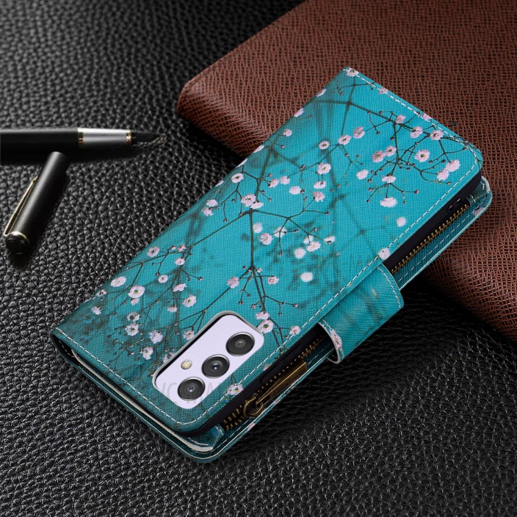 Pattern Printing Zipper Pocket Leather Wallet Stand Case for Samsung Galaxy A82 5G - Tree with Flowers-7