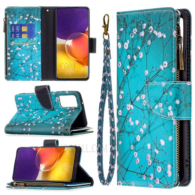 Pattern Printing Zipper Pocket Leather Wallet Stand Case for Samsung Galaxy A82 5G - Tree with Flowers-8