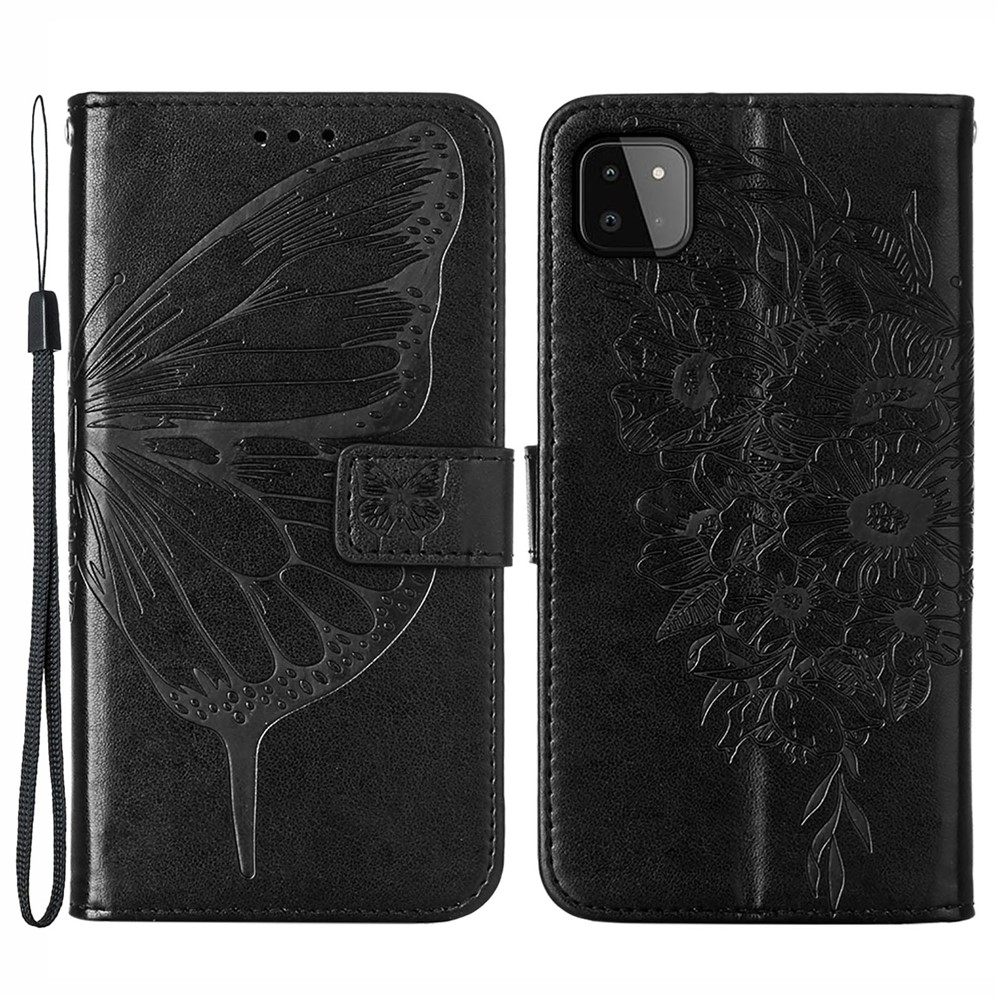 For Samsung Galaxy A22 5G (EU Version) Imprint Butterfly Leather Wallet Stand Case - Black-1