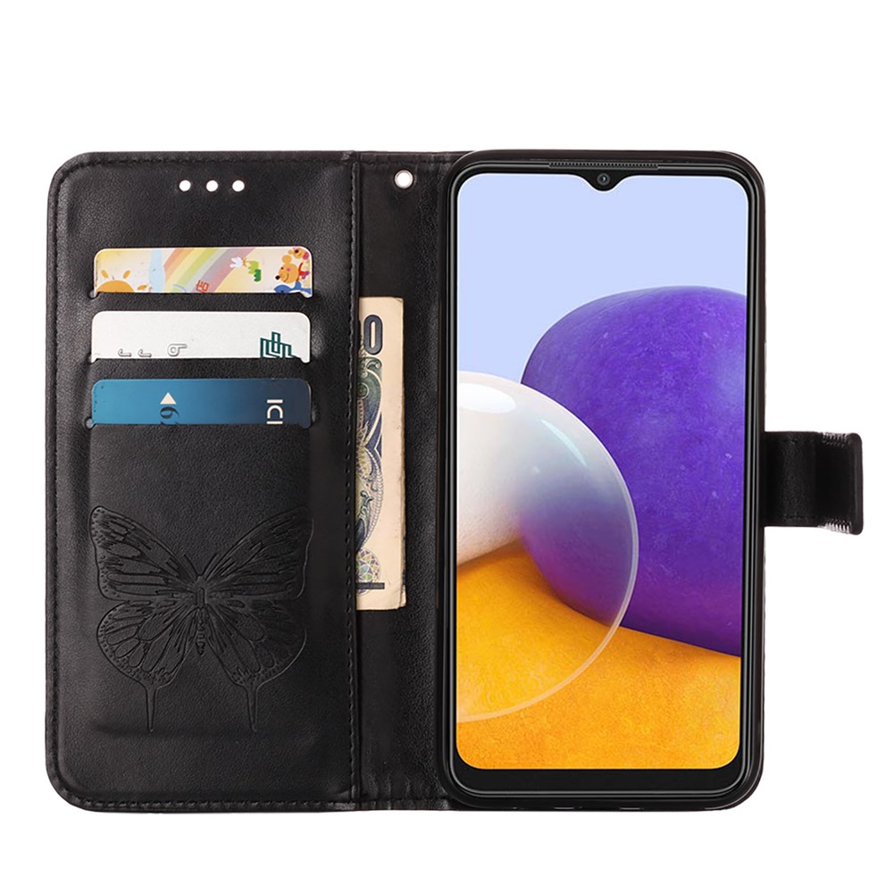 For Samsung Galaxy A22 5G (EU Version) Imprint Butterfly Leather Wallet Stand Case - Black-5