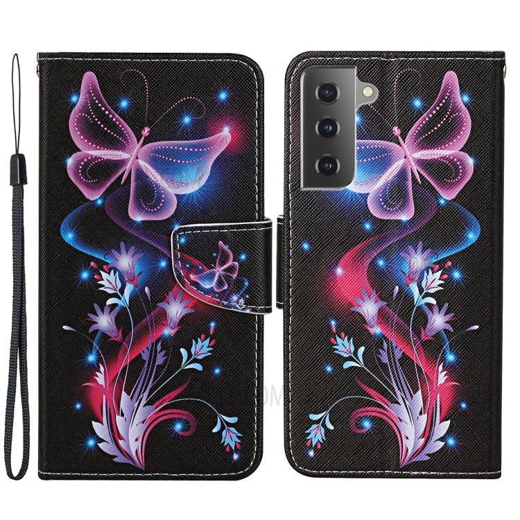 Pattern Printing Leather Wallet Stand Case Protector Cover with Lanyard for Samsung Galaxy S21 FE - Luminous Butterfly-1