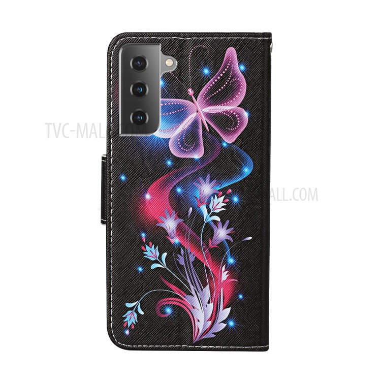 Pattern Printing Leather Wallet Stand Case Protector Cover with Lanyard for Samsung Galaxy S21 FE - Luminous Butterfly-3