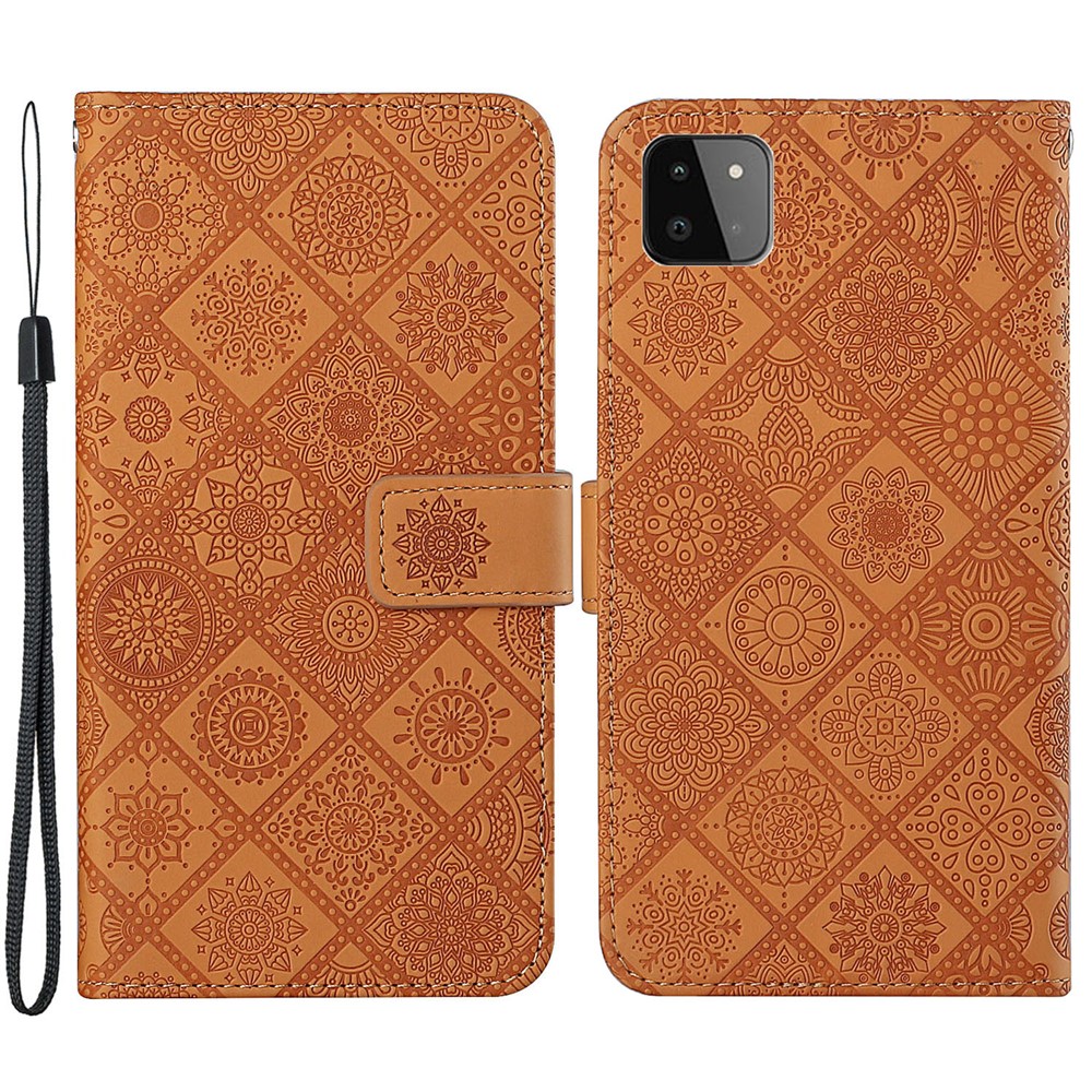 Imprinted Flower Wallet Leather Protective Case Magnet Clasp Flip Cover for Samsung Galaxy A22 5G (EU Version) - Brown-1