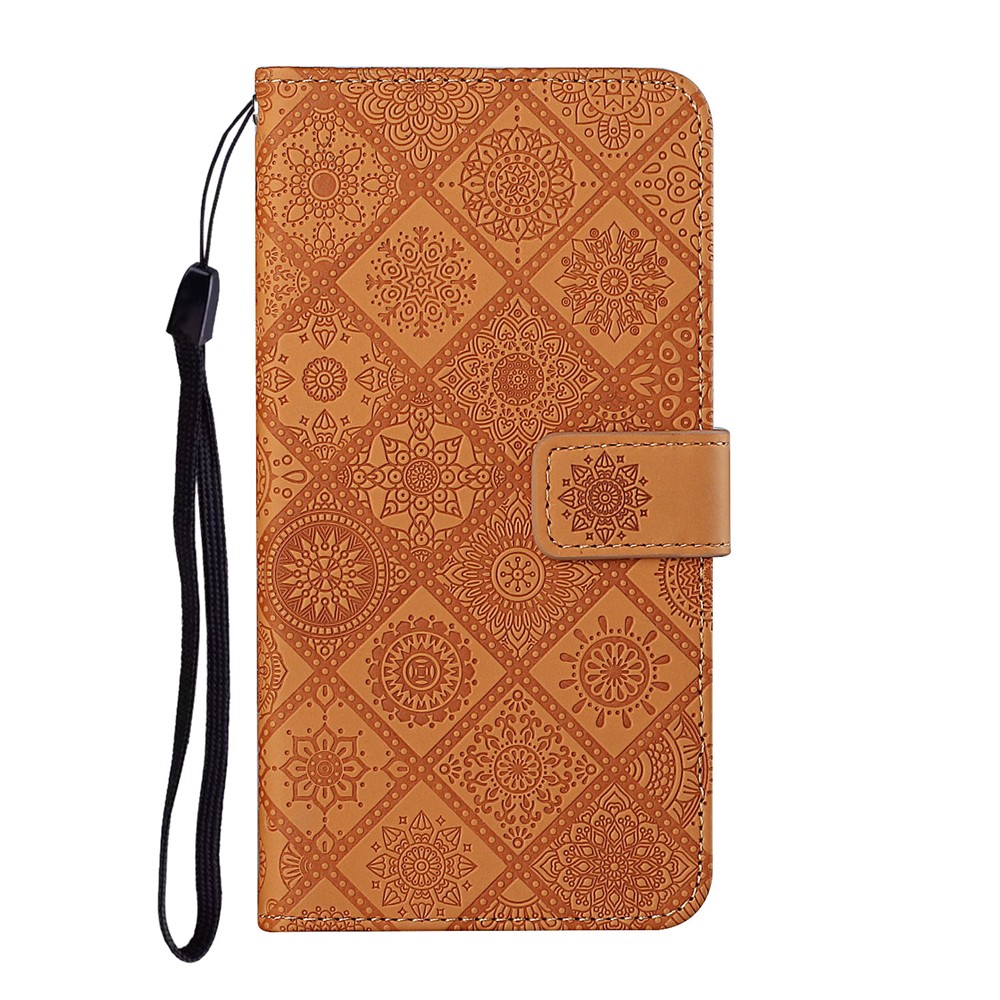 Imprinted Flower Wallet Leather Protective Case Magnet Clasp Flip Cover for Samsung Galaxy A22 5G (EU Version) - Brown-2