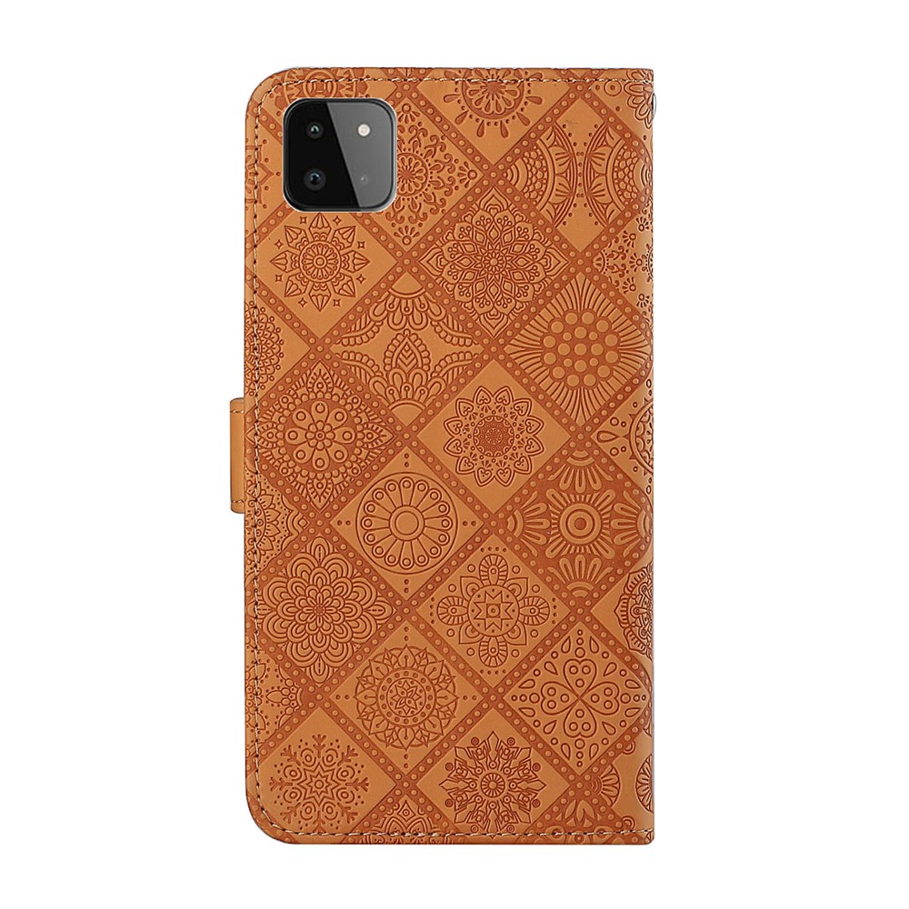 Imprinted Flower Wallet Leather Protective Case Magnet Clasp Flip Cover for Samsung Galaxy A22 5G (EU Version) - Brown-3