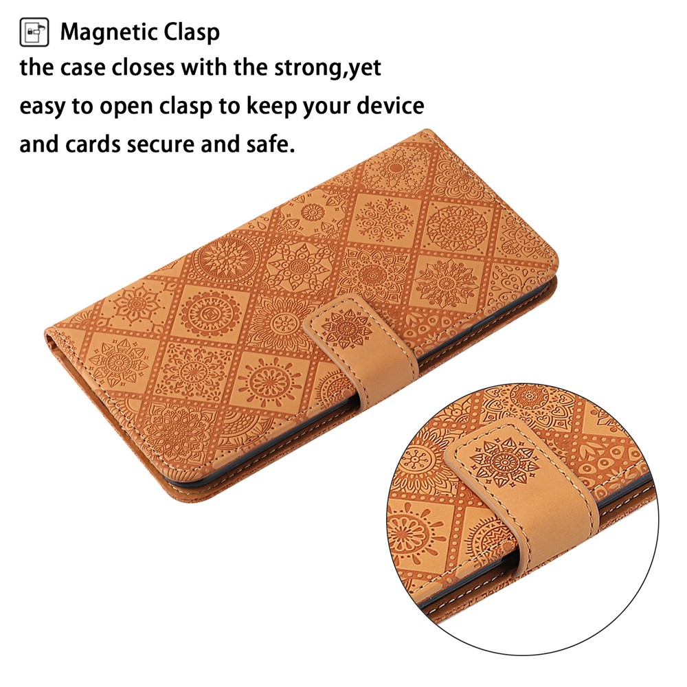 Imprinted Flower Wallet Leather Protective Case Magnet Clasp Flip Cover for Samsung Galaxy A22 5G (EU Version) - Brown-4