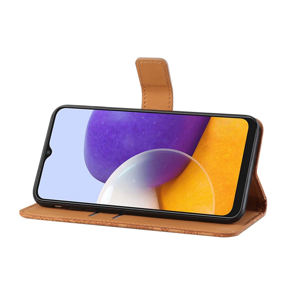 Imprinted Flower Wallet Leather Protective Case Magnet Clasp Flip Cover for Samsung Galaxy A22 5G (EU Version) - Brown-6