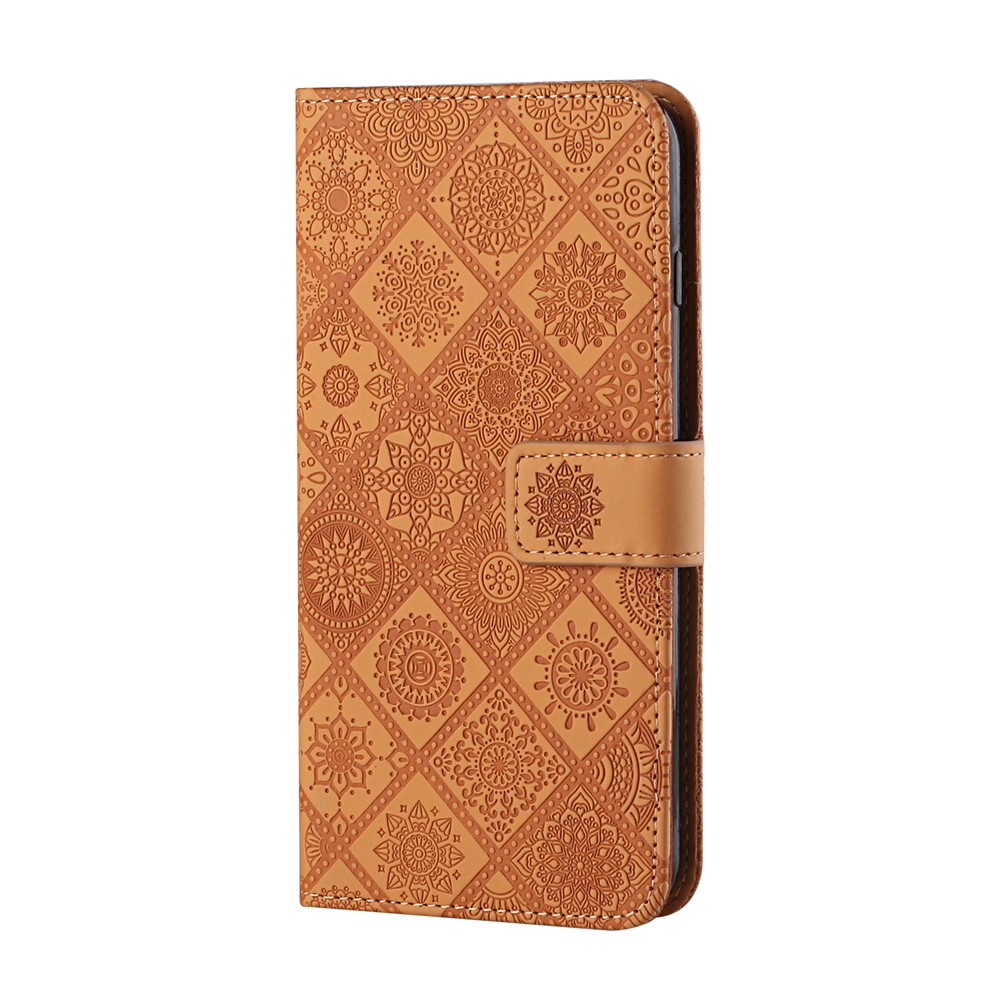 Imprinted Flower Wallet Leather Protective Case Magnet Clasp Flip Cover for Samsung Galaxy A22 5G (EU Version) - Brown-8