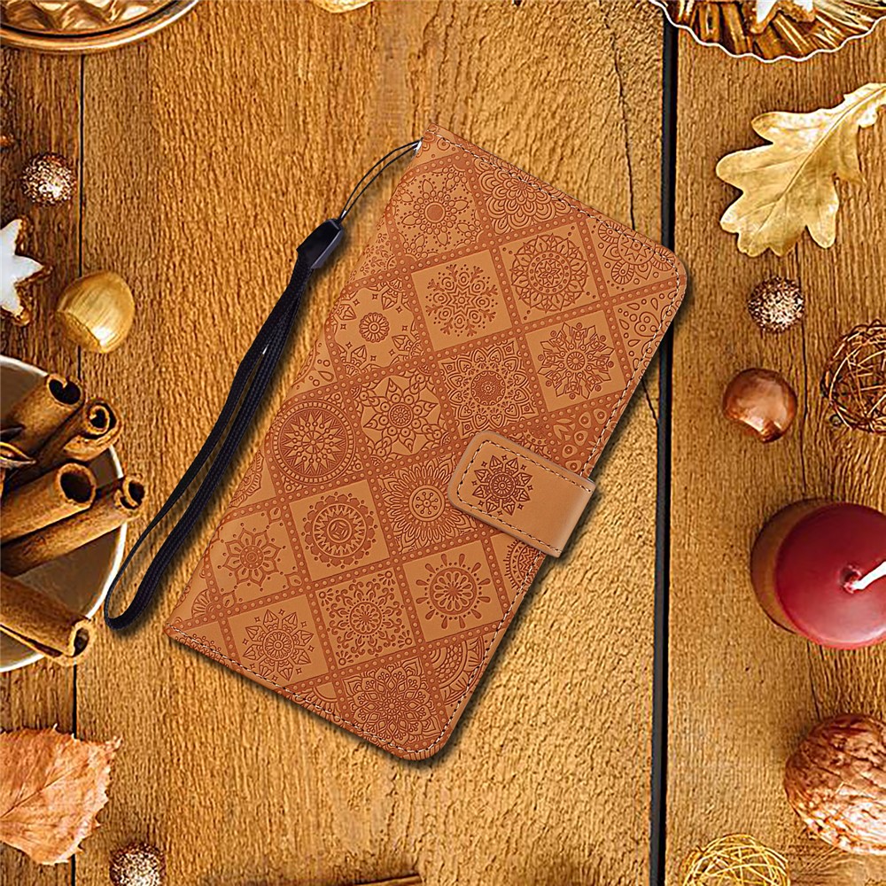 Imprinted Flower Wallet Leather Protective Case Magnet Clasp Flip Cover for Samsung Galaxy A22 5G (EU Version) - Brown-9
