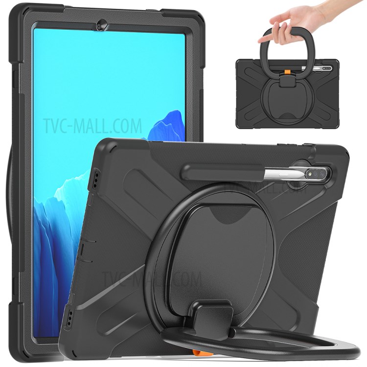 360° Swivel Kickstand PC + Silicone Tablet with Hand Holder Strap Shell for Samsung Galaxy Tab S7 Plus 12.4" T970/T975 - Black-1