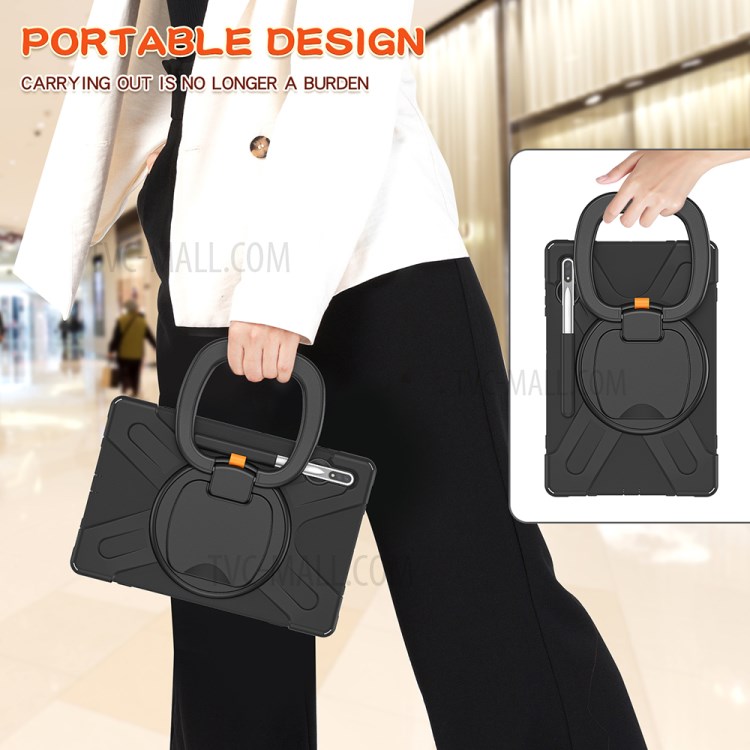 360° Swivel Kickstand PC + Silicone Tablet with Hand Holder Strap Shell for Samsung Galaxy Tab S7 Plus 12.4" T970/T975 - Black-13