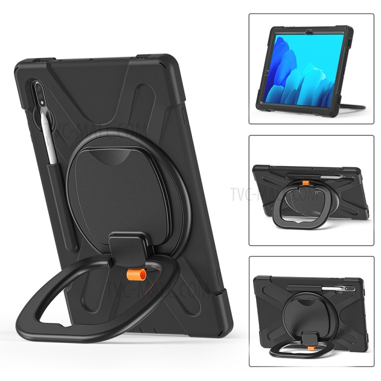 360° Swivel Kickstand PC + Silicone Tablet with Hand Holder Strap Shell for Samsung Galaxy Tab S7 Plus 12.4" T970/T975 - Black-17