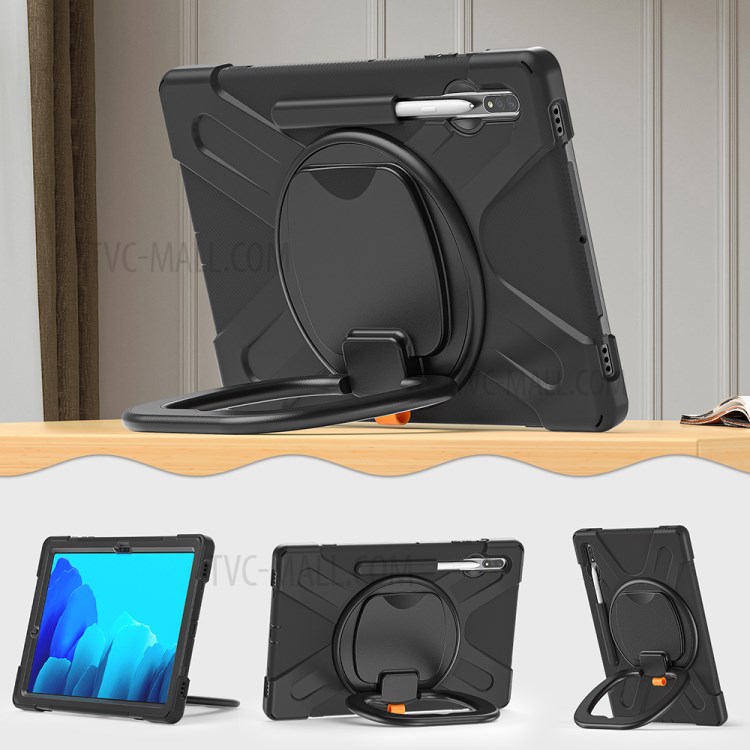 360° Swivel Kickstand PC + Silicone Tablet with Hand Holder Strap Shell for Samsung Galaxy Tab S7 Plus 12.4" T970/T975 - Black-18