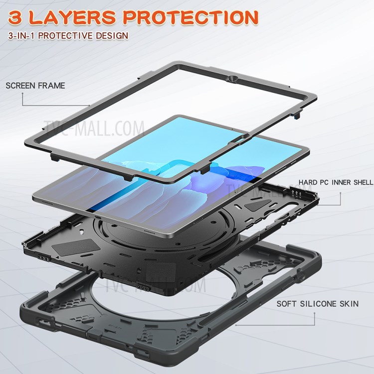 360° Swivel Kickstand PC + Silicone Tablet with Hand Holder Strap Shell for Samsung Galaxy Tab S7 Plus 12.4" T970/T975 - Black-2