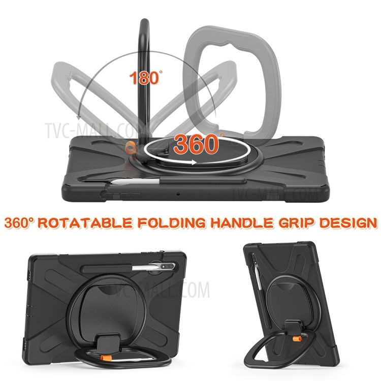 360° Swivel Kickstand PC + Silicone Tablet with Hand Holder Strap Shell for Samsung Galaxy Tab S7 Plus 12.4" T970/T975 - Black-8