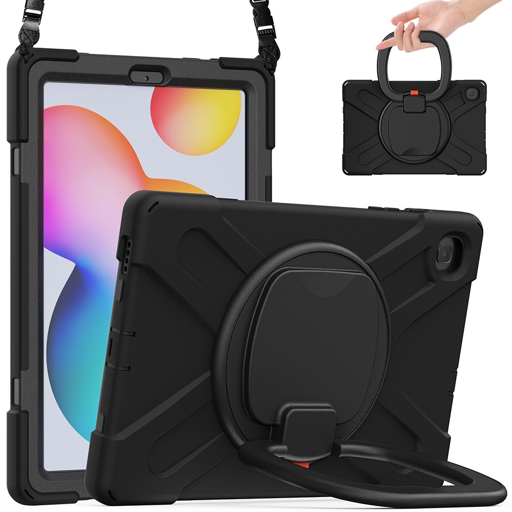 360 Degree Swivel Kickstand Design Tablet Cover Shell Case with Shoulder Strap for Galaxy Tab S6 Lite 10.4 P61/P615 2020 - Black-1
