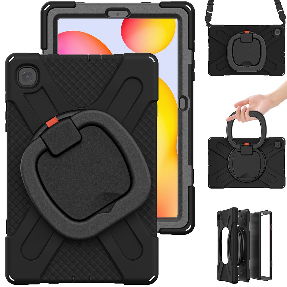 360 Degree Swivel Kickstand Design Tablet Cover Shell Case with Shoulder Strap for Galaxy Tab S6 Lite 10.4 P61/P615 2020 - Black-6