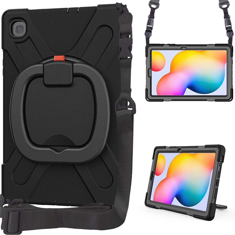 360 Degree Swivel Kickstand Design Tablet Cover Shell Case with Shoulder Strap for Galaxy Tab S6 Lite 10.4 P61/P615 2020 - Black-7