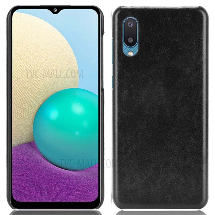 Litchi Texture Shockproof Leather Coated PC Phone Back Case Cover for Samsung Galaxy A02 - Black-1