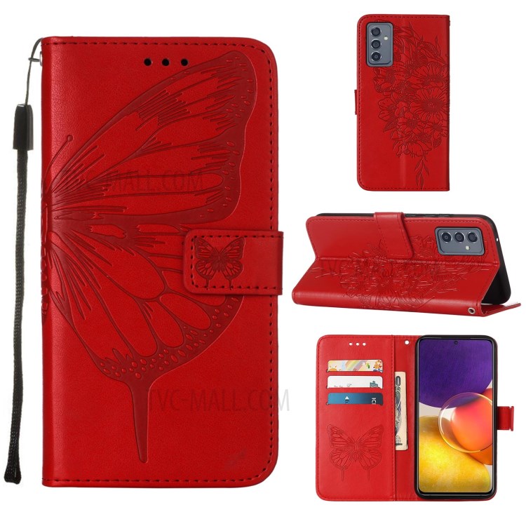 Imprint Butterfly Flower Pattern Wallet Stand Leather Case for Samsung Galaxy A82 5G - Red-10