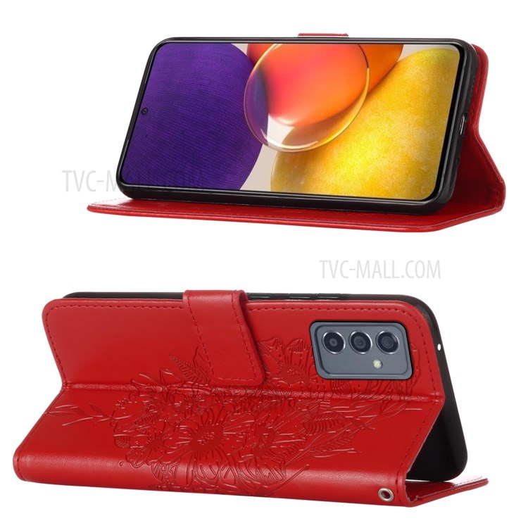 Imprint Butterfly Flower Pattern Wallet Stand Leather Case for Samsung Galaxy A82 5G - Red-3